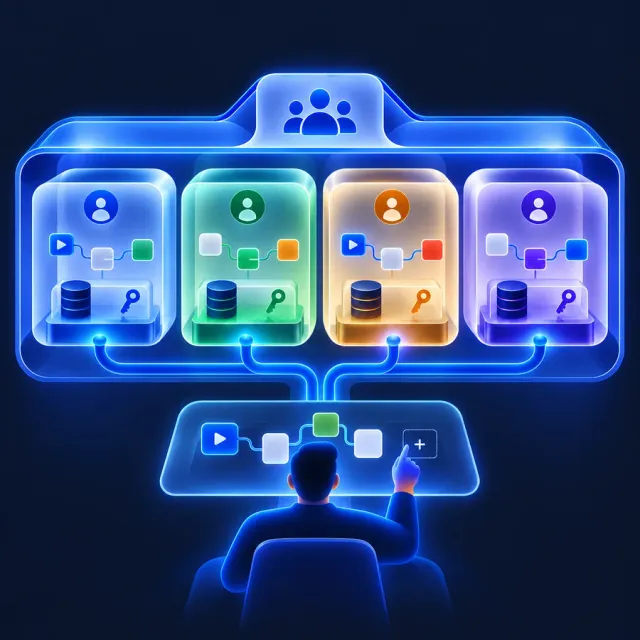 One shared agency dashboard connected to four isolated client automation instances, each with its own workflow, database and encryption key.