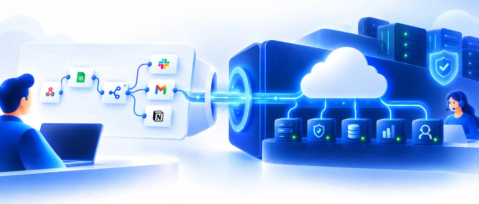 An illustrated workflow moving from everyday apps like Slack, Sheets, Gmail and Notion, through a secure tunnel, into a monitored, backed-up server stack supported by a live agent.