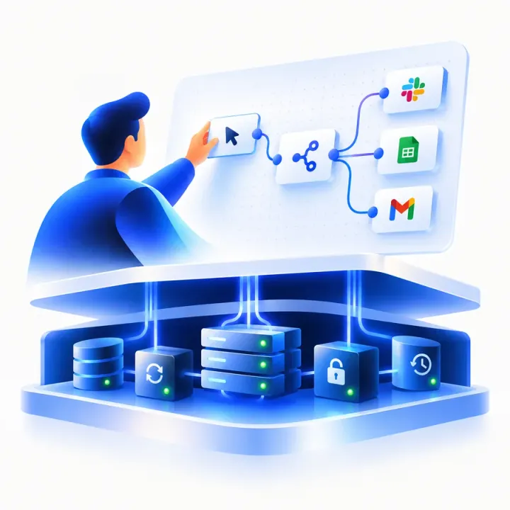 An illustration of a person managing an automated workflow, connected to a secured, backed-up, monitored server stack.